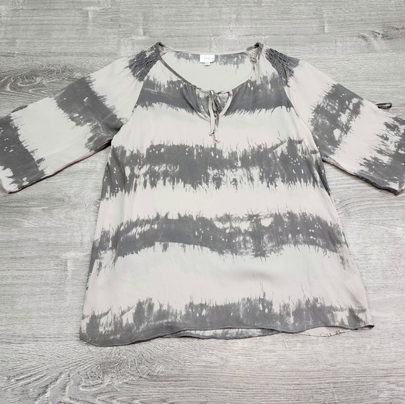 PARKER Silk Beige Green Short Sleeve Top Keyhole Blouse Size Large - Picture 3 of 12